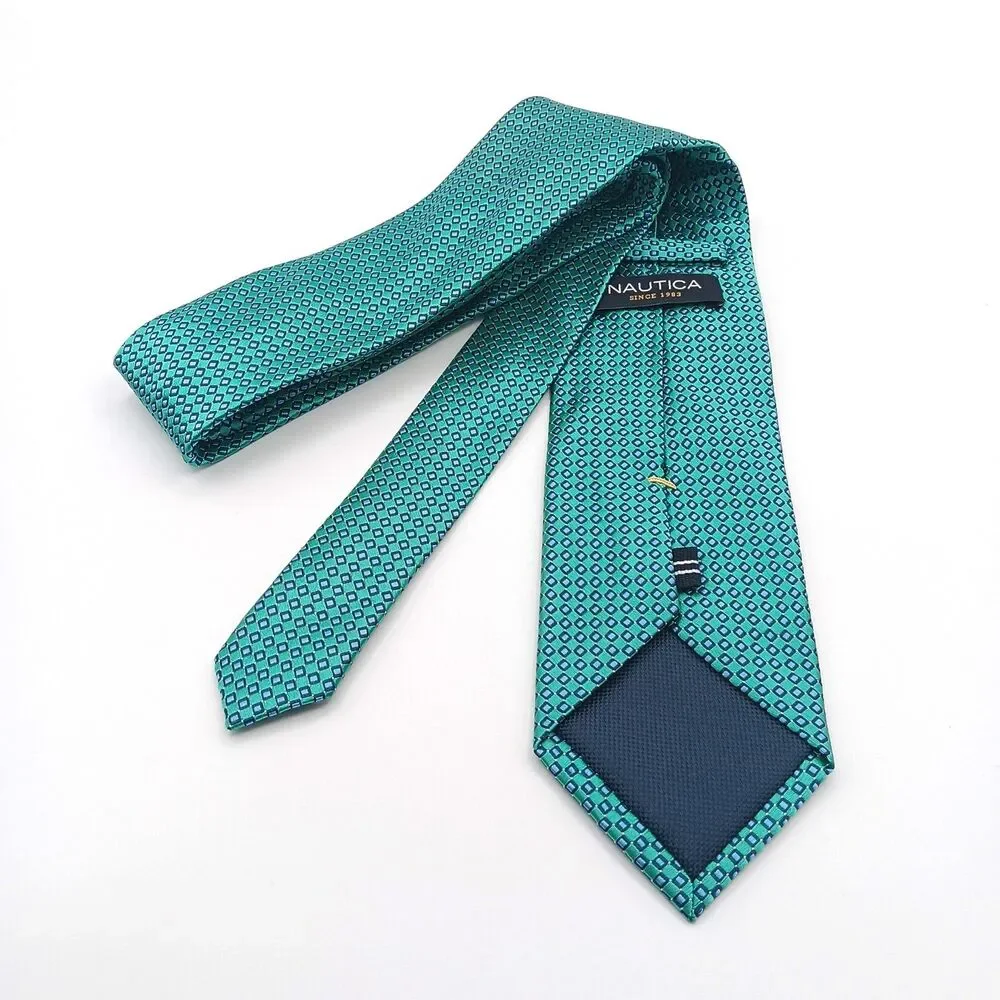 Nautica Silk Tie Mens 60” Green Blue Geometric Jacquard Designer Classic New
